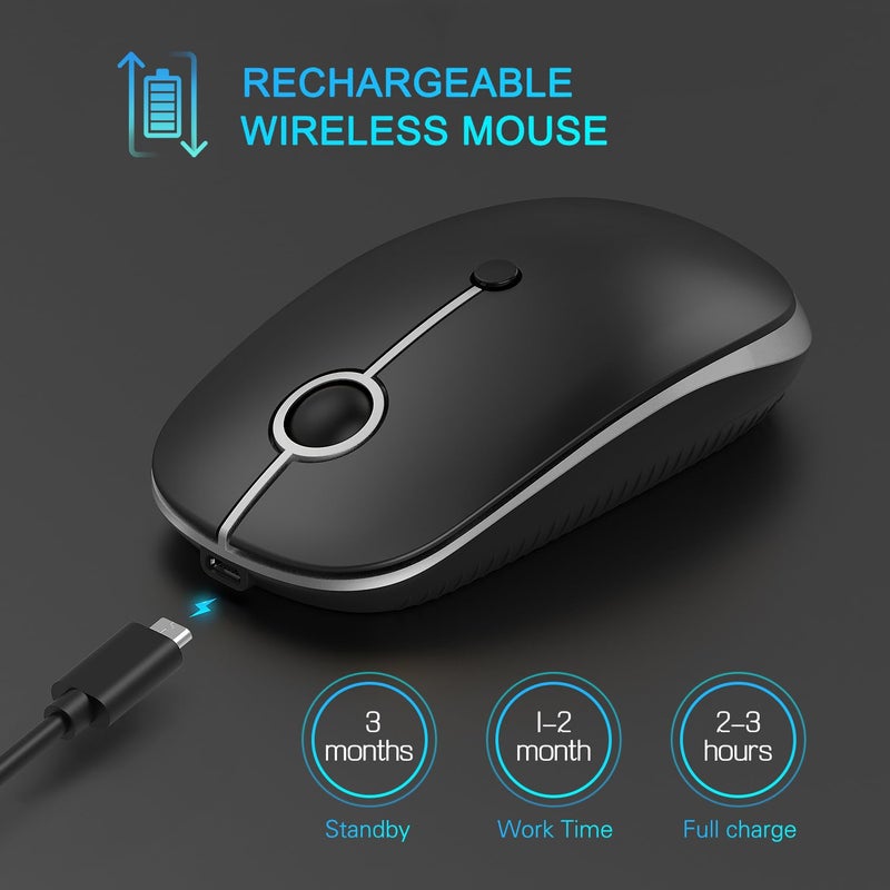 VssoPlor Type C Wireless Mouse, USB C MacBook Wireless Mouse Dual Mode Cordless Mice with USB and Type C Receiver Compatible with PC, Laptop, MacBook and All Type C Devices-Black and Silver - Image 3